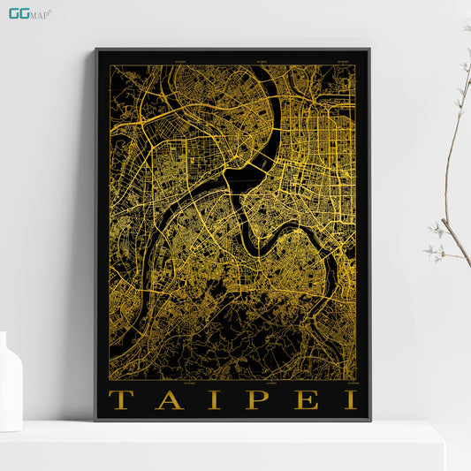 a black and yellow poster with a map of a city