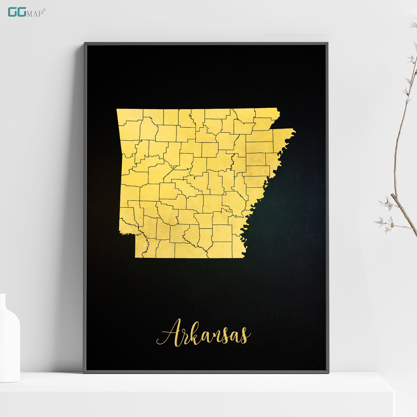 a black frame with a yellow map of the state of arkansas