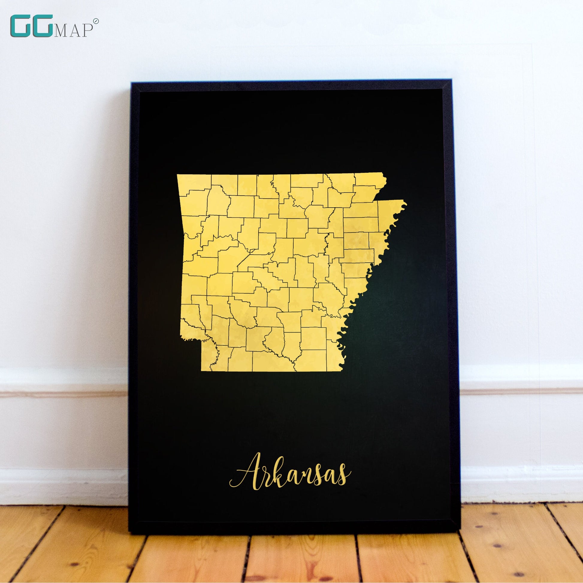 a black frame with a yellow map of the state of arkansas