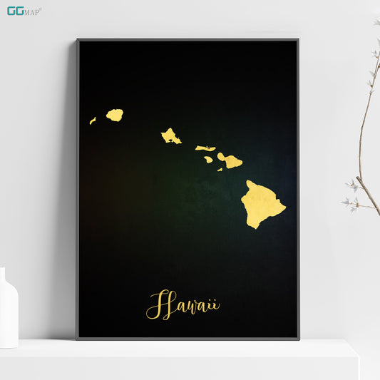 a black and gold poster with a map of hawaii