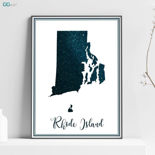 a poster of rhode island on a shelf