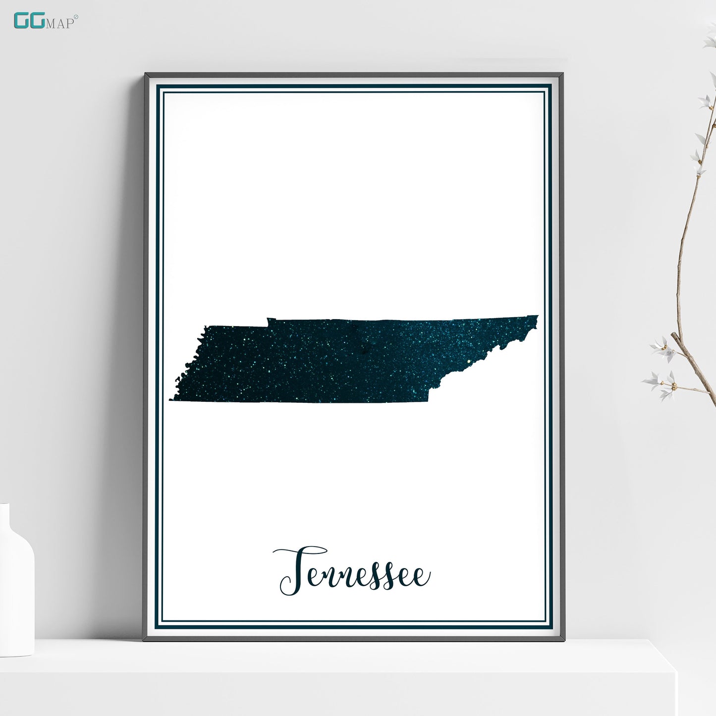 a poster of the state of tennessee on a shelf