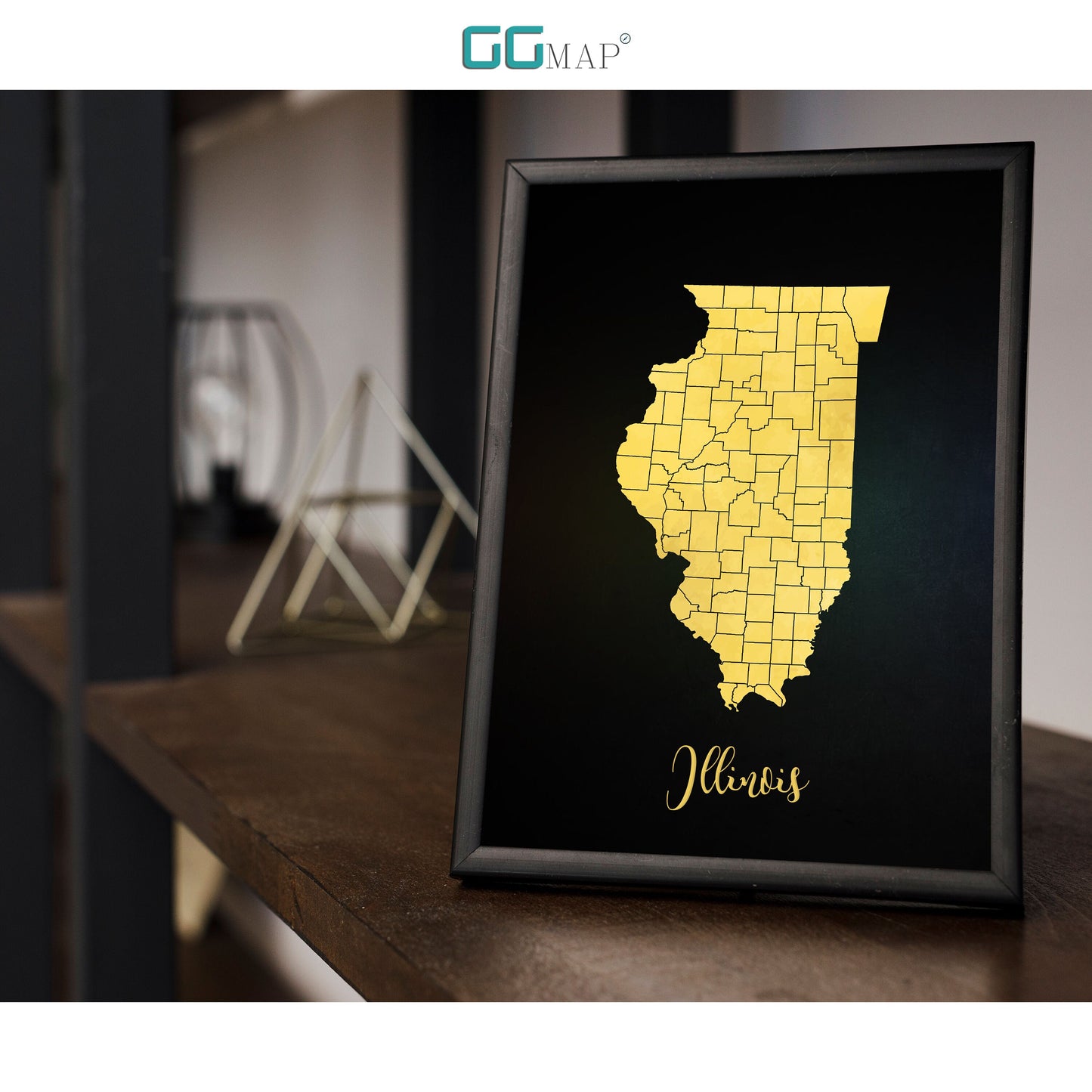 ILLINOIS map - Illinois gold map - Travel poster - Home Decor - Wall decor - Office map - Illinois gift - GeoGIS studio