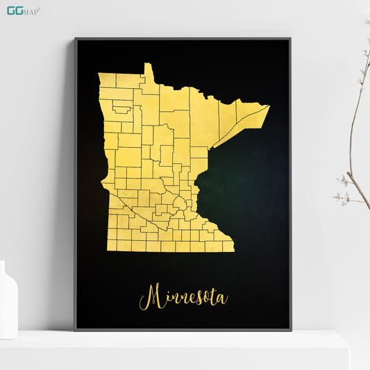 a black and yellow map of minnesota on a shelf