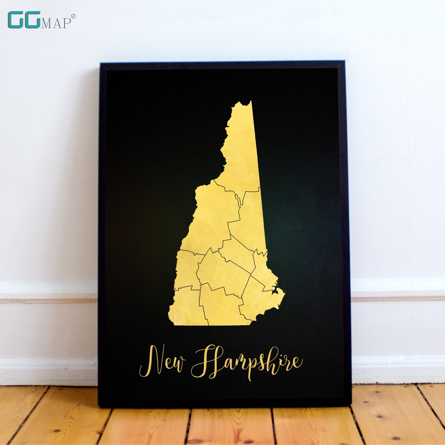 NEW HAMPSHIRE map - New Hampshire gold map - Travel poster - Home Decor - Wall decor - Office map - New Hampshire gift - GGmap