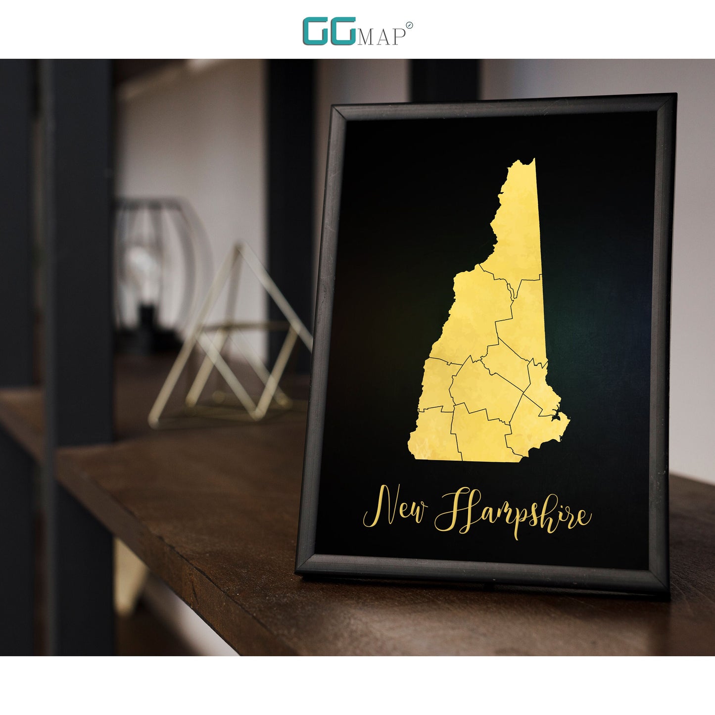 NEW HAMPSHIRE map - New Hampshire gold map - Travel poster - Home Decor - Wall decor - Office map - New Hampshire gift - GGmap