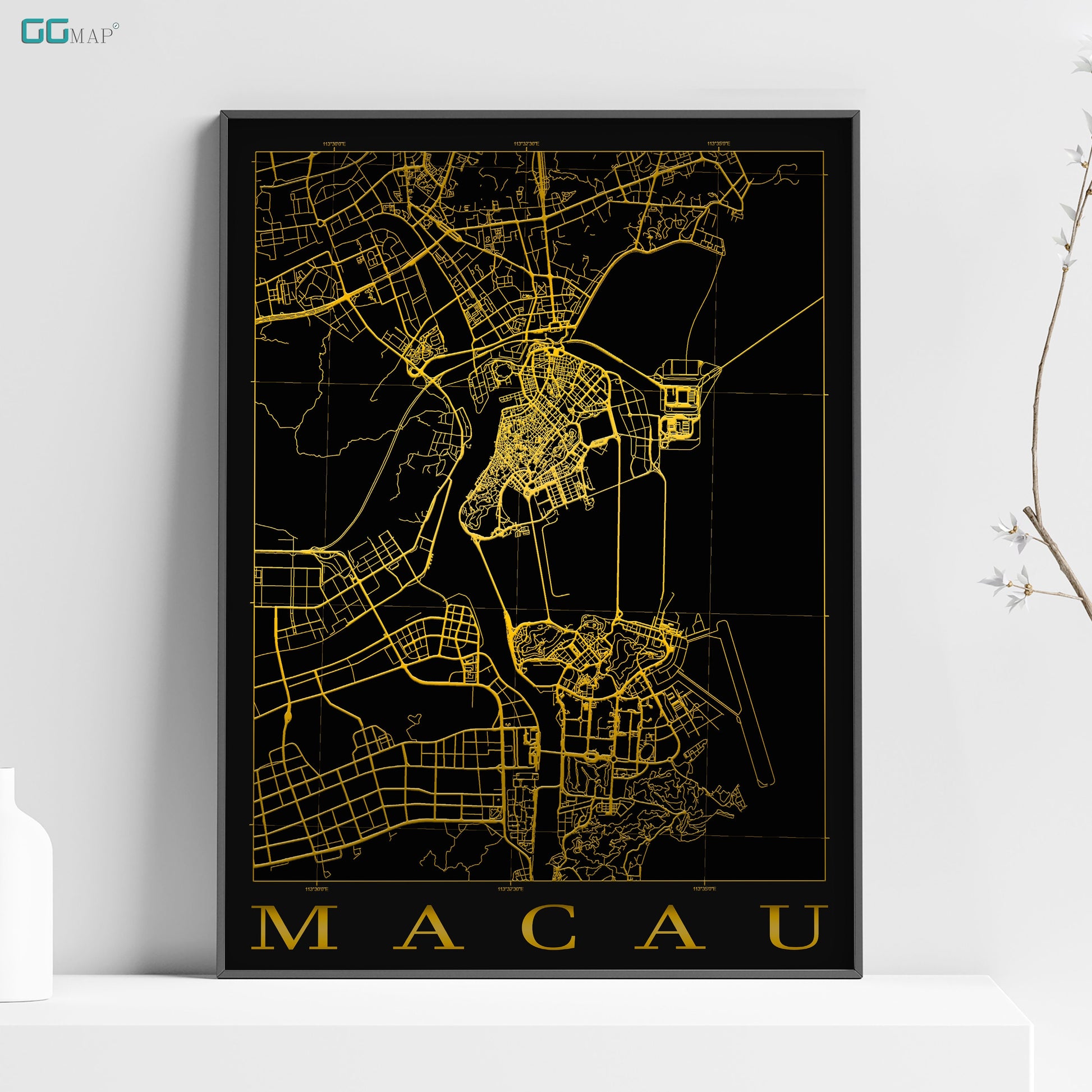 a black and yellow poster with a map of macau