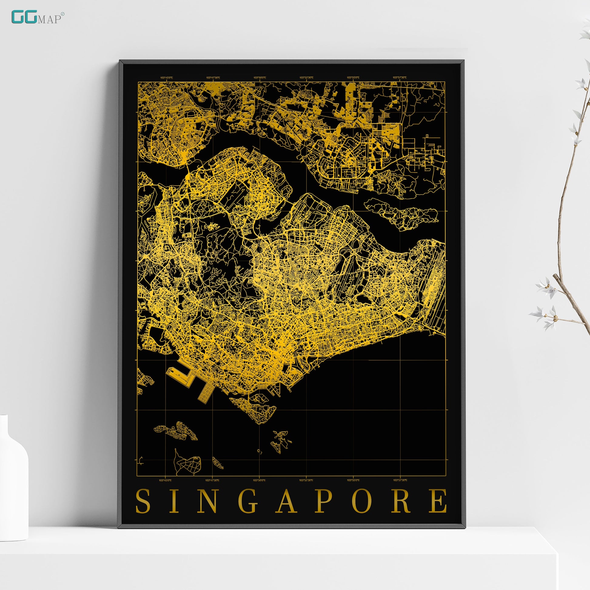 a black and yellow poster with a map of singapore