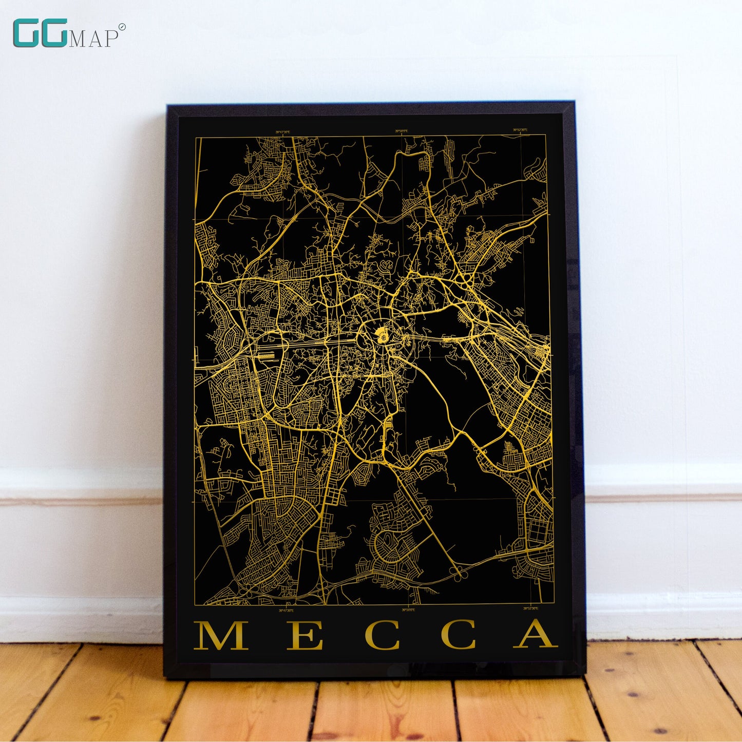 City map of MECCA - Mecca Black Gold map - Home Decor - Travel map - Print map - Mecca map - Map art - Saudi Arabia - GGMap