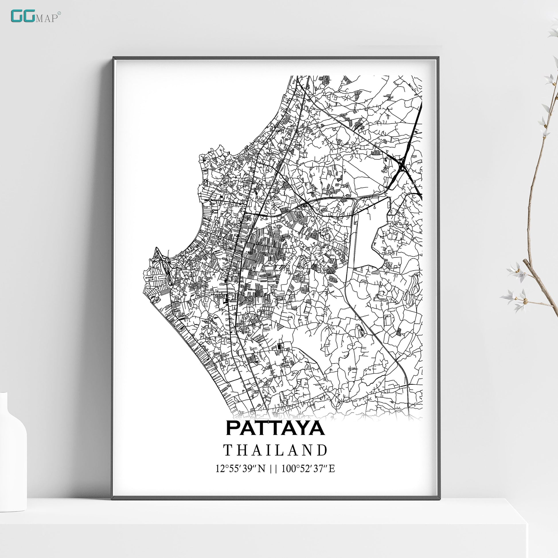 a black and white map of pattaya thailand