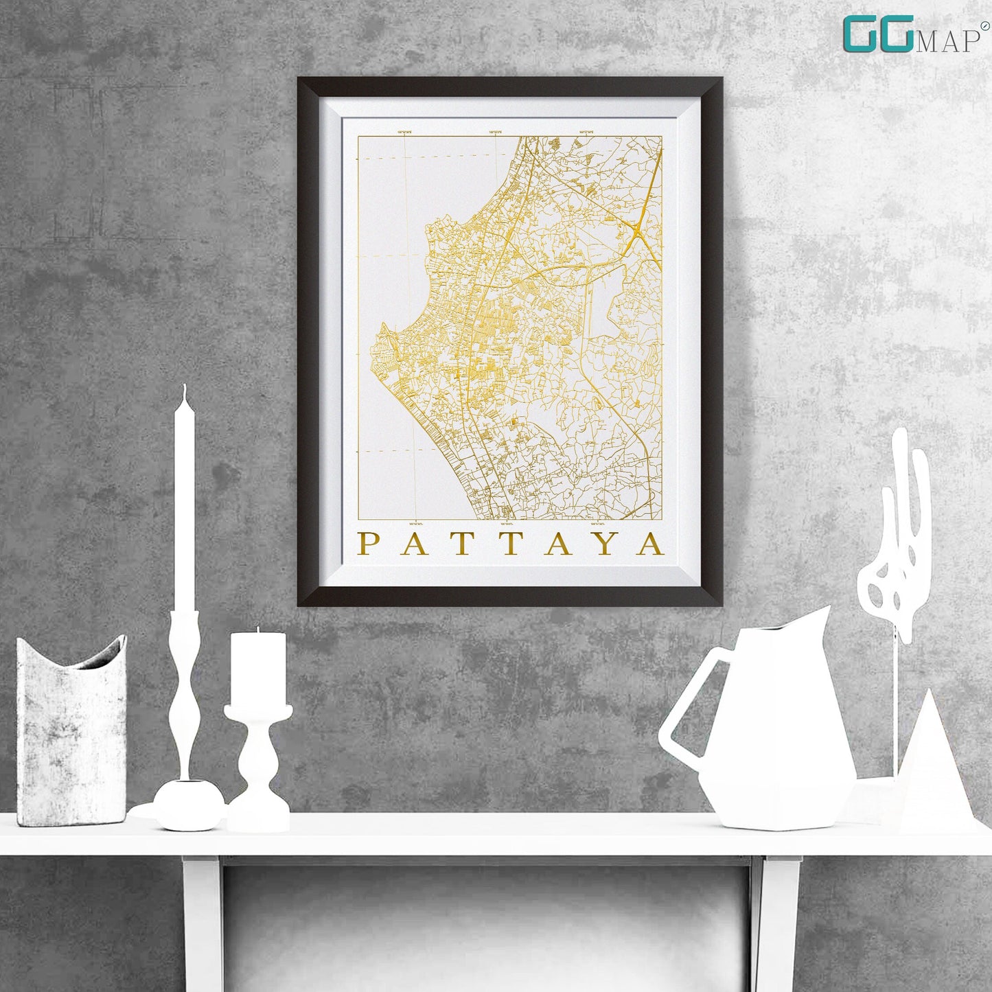 City map of PATTAYA - Pattaya White Gold map - Home Decor - Travel map - Print map - Pattaya map - Map art - Thailand - GGMap