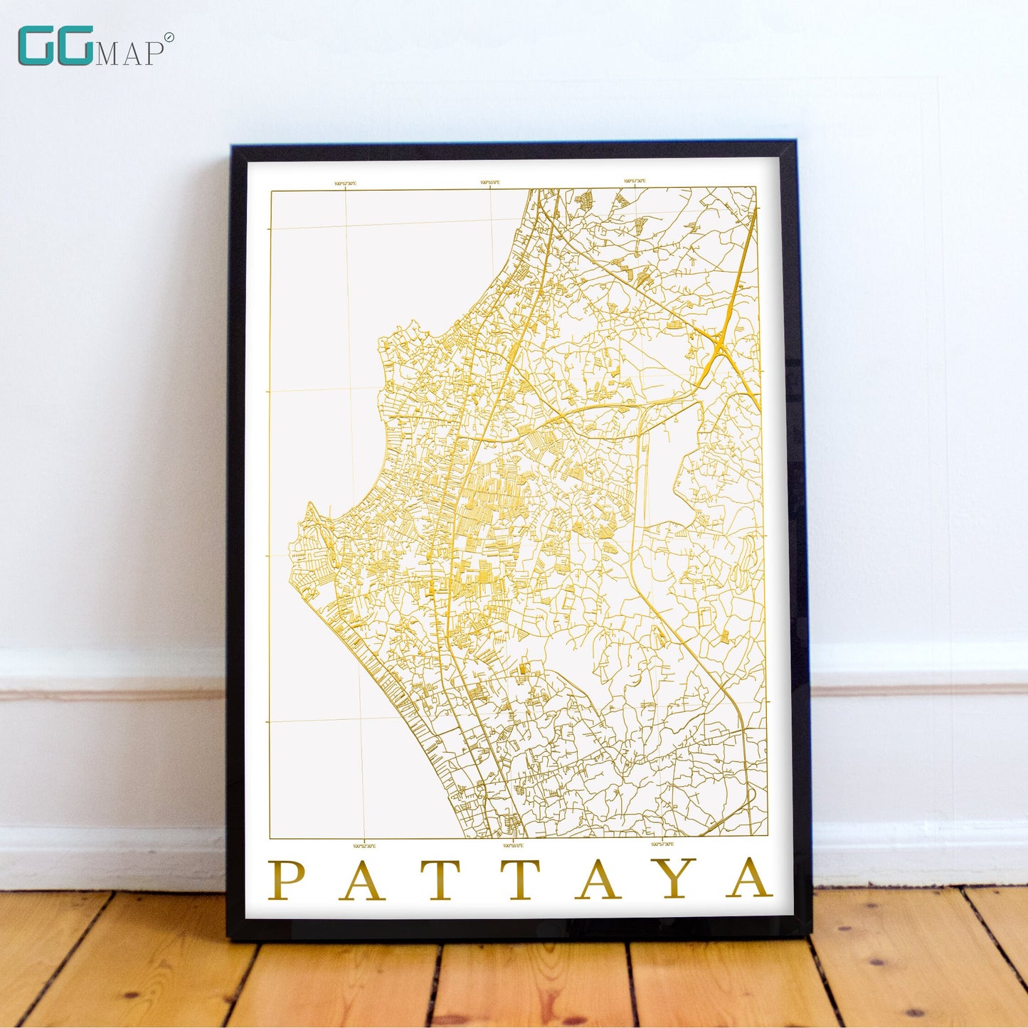 City map of PATTAYA - Pattaya White Gold map - Home Decor - Travel map - Print map - Pattaya map - Map art - Thailand - GGMap