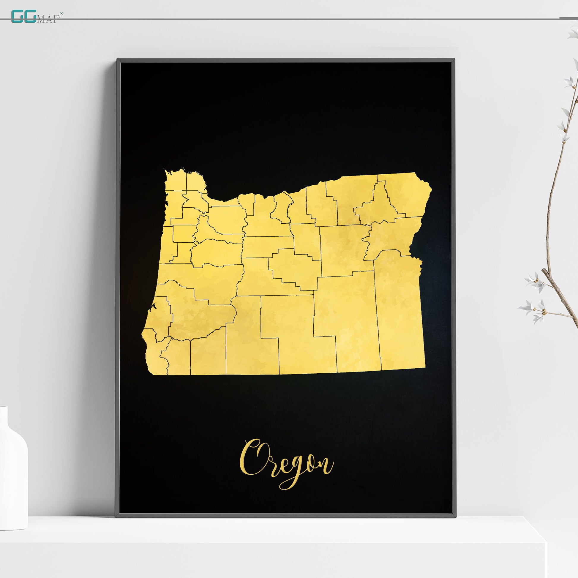 a black and yellow map of the state of oregon