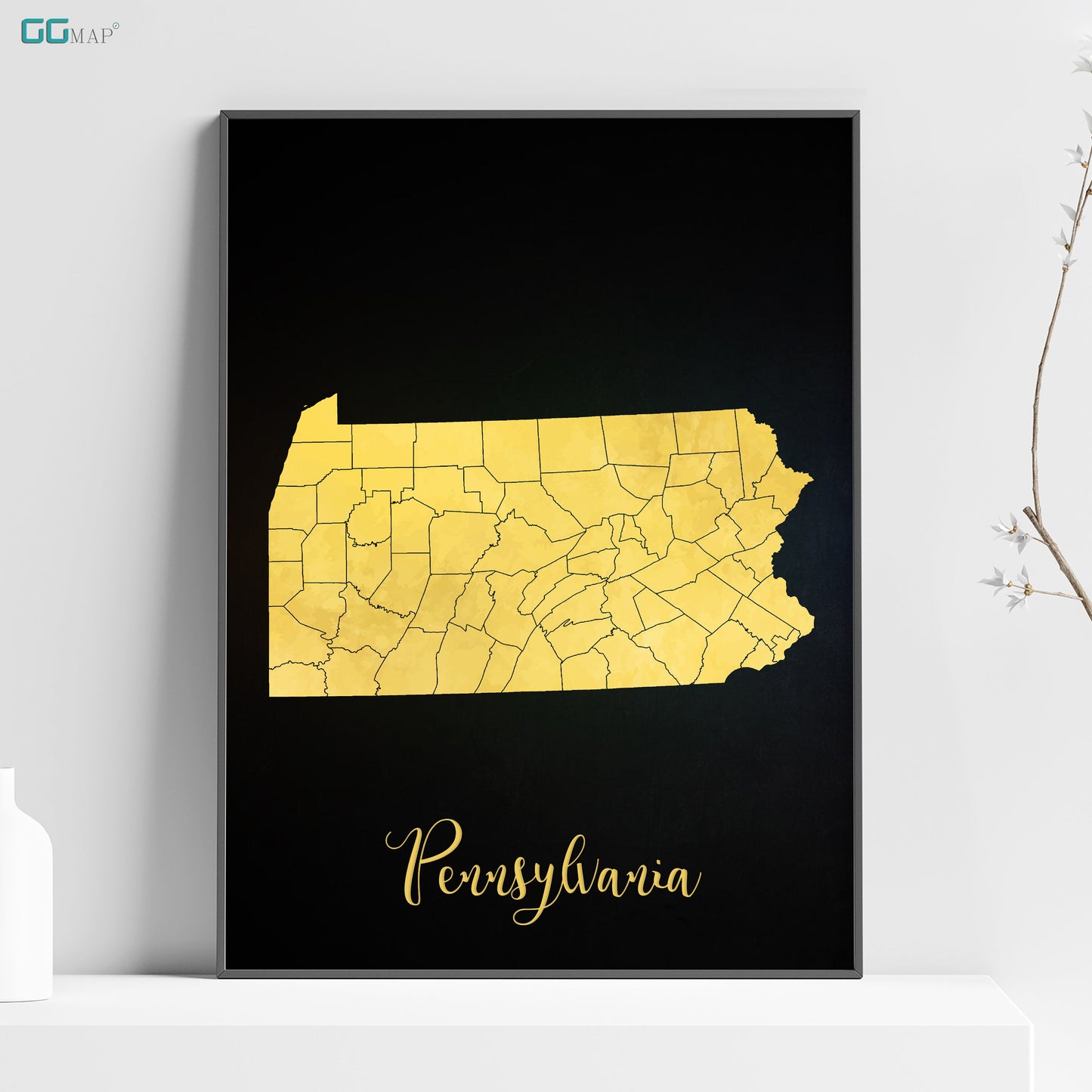 a black and yellow map of the state of pennsylvania