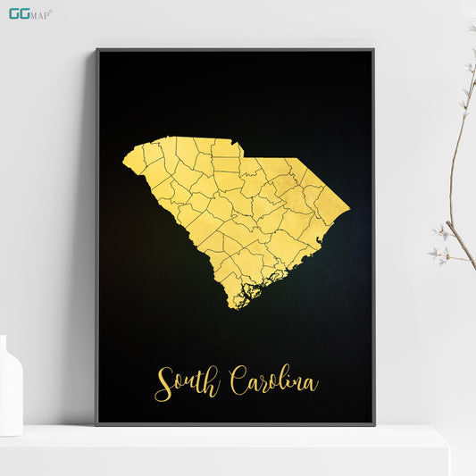 a yellow map of south carolina on a black background