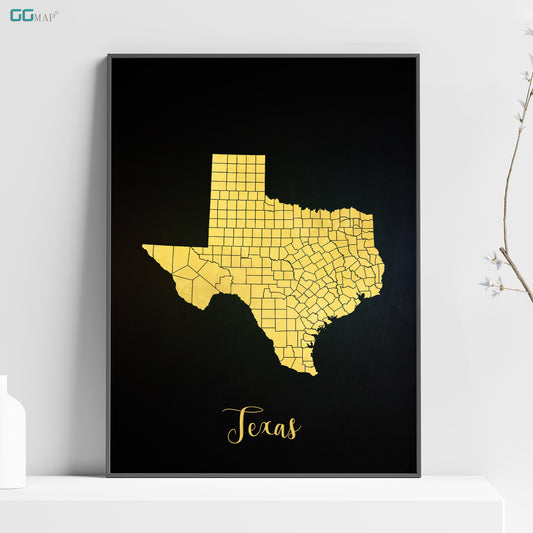 a black and yellow texas map with the word texas on it