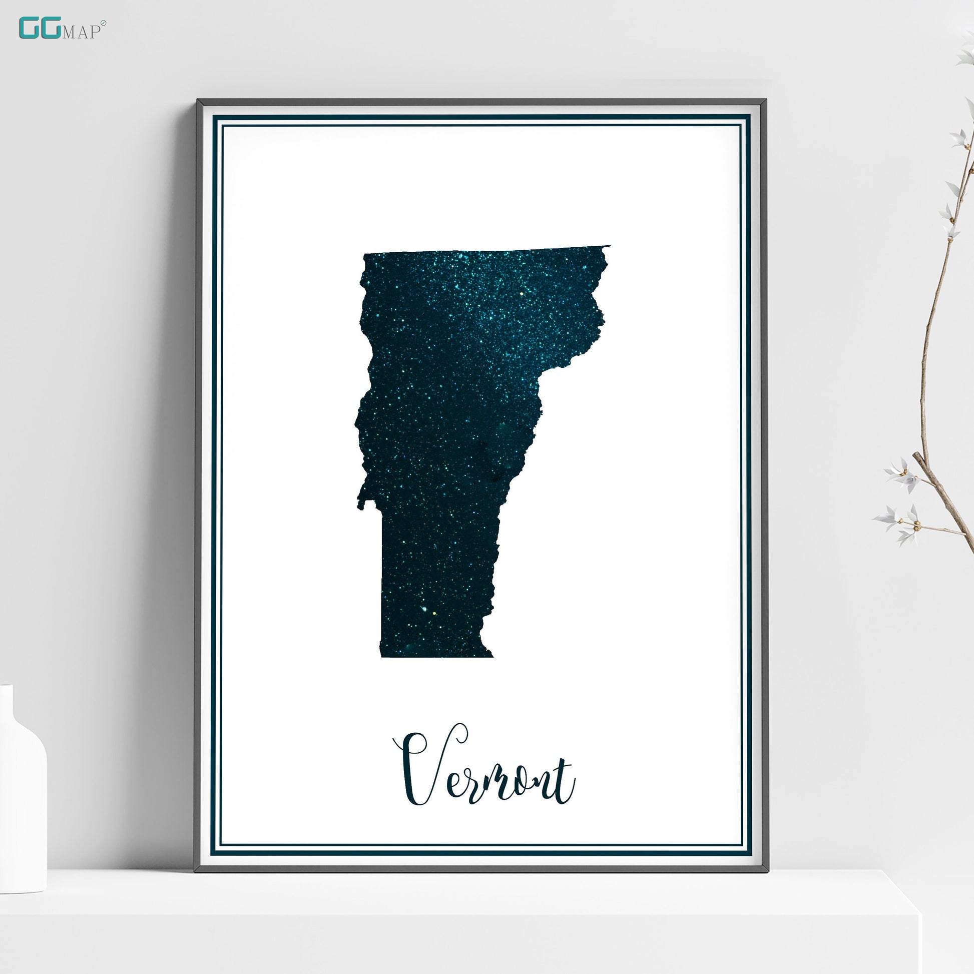 a poster of the state of vermont on a shelf