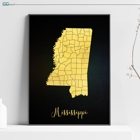 MISSISSIPPI map - Mississippi gold map - Travel poster - Home Decor - Wall decor - Office map - Mississippi gift - GeoGIS studio