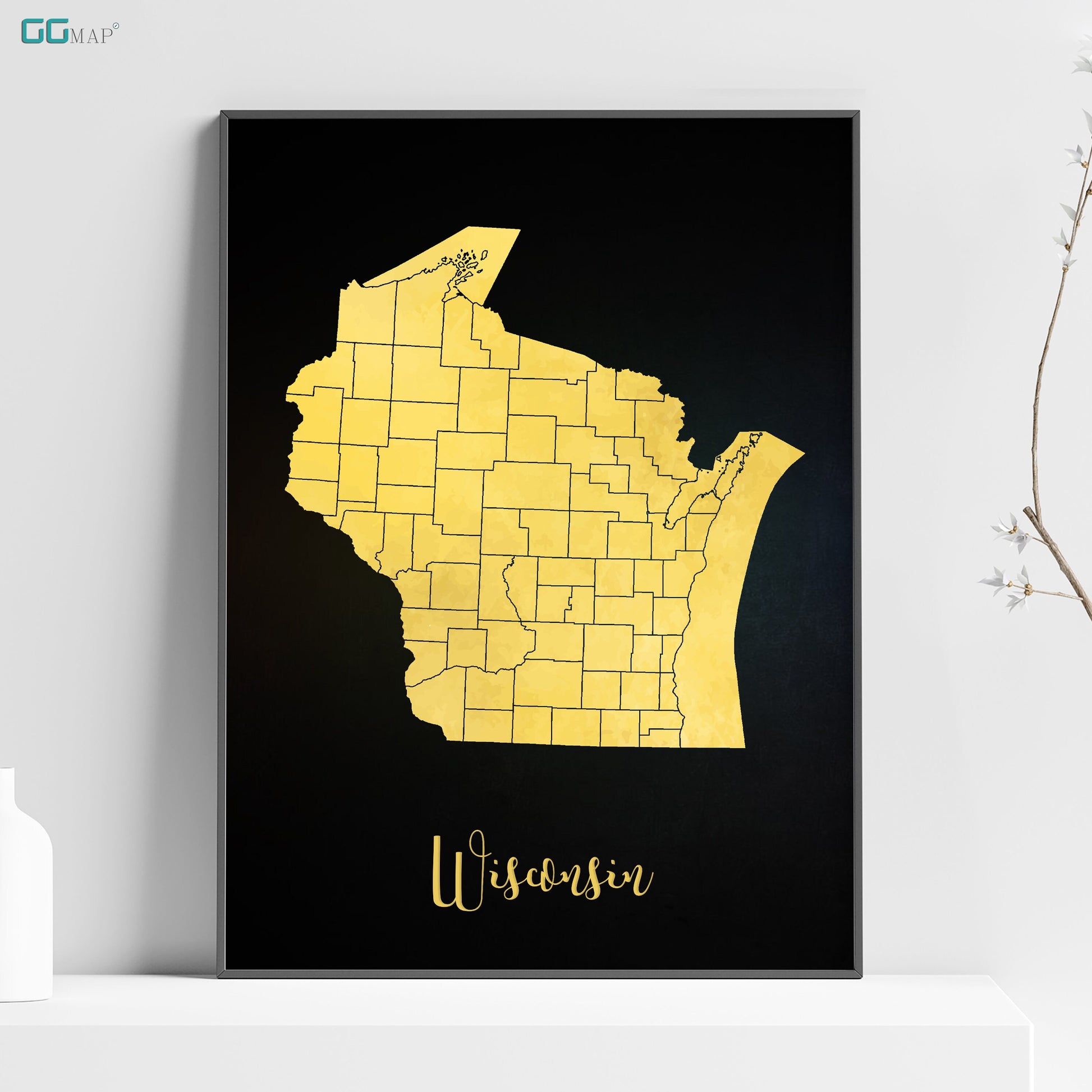 a black and yellow map of the state of wisconsin