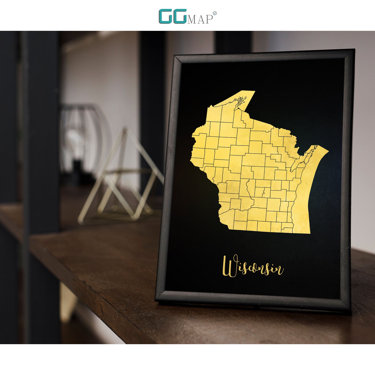 WISCONSIN map - Wisconsin gold map - Travel poster - Home Decor - Wall decor - Office map - Wisconsin gift - GeoGIS studio