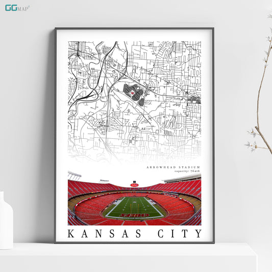 City map of KANSAS CITY - Arrowhead Stadium - Home Decor Kansas City - Kansas wall decor - Kansas Chiefs poster - Print map -