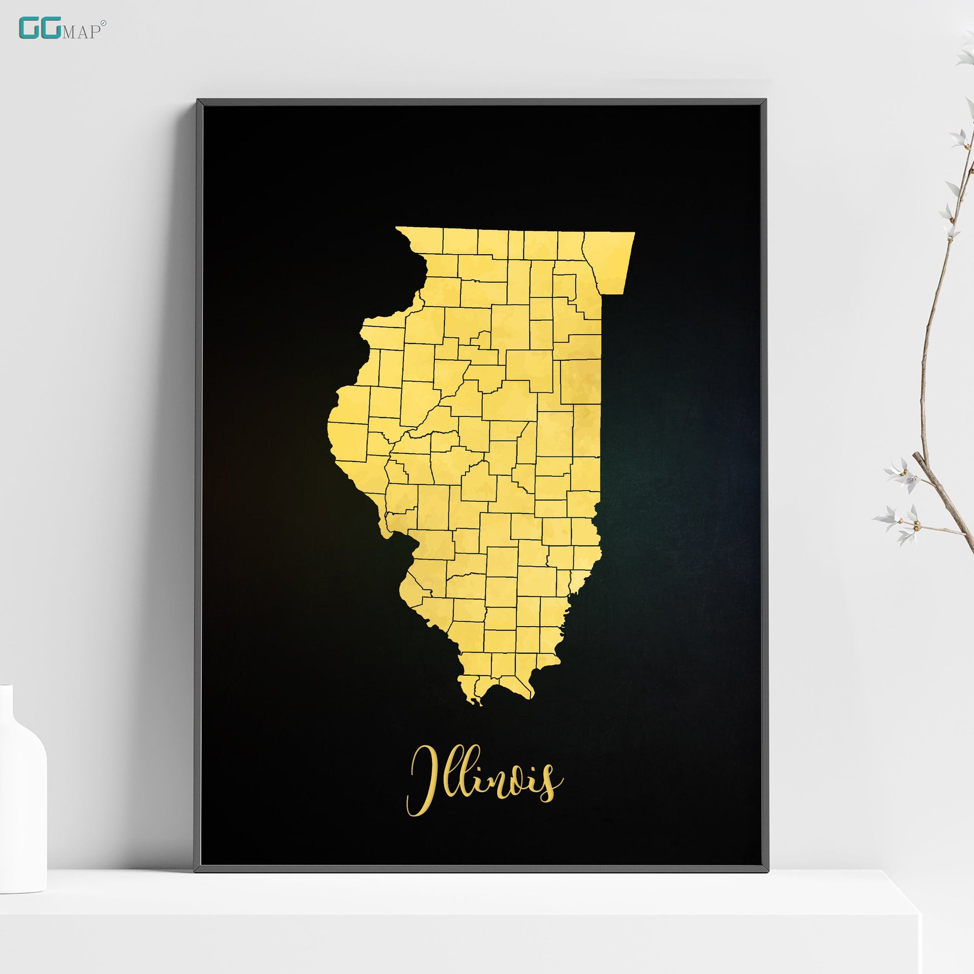 a black and yellow map of the state of illinois