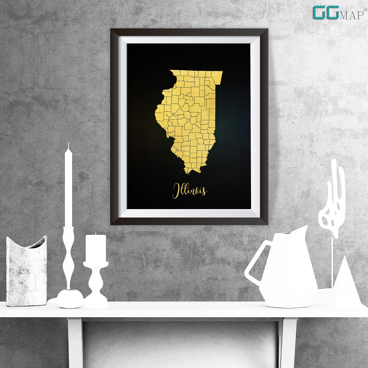 ILLINOIS map - Illinois gold map - Travel poster - Home Decor - Wall decor - Office map - Illinois gift - GeoGIS studio