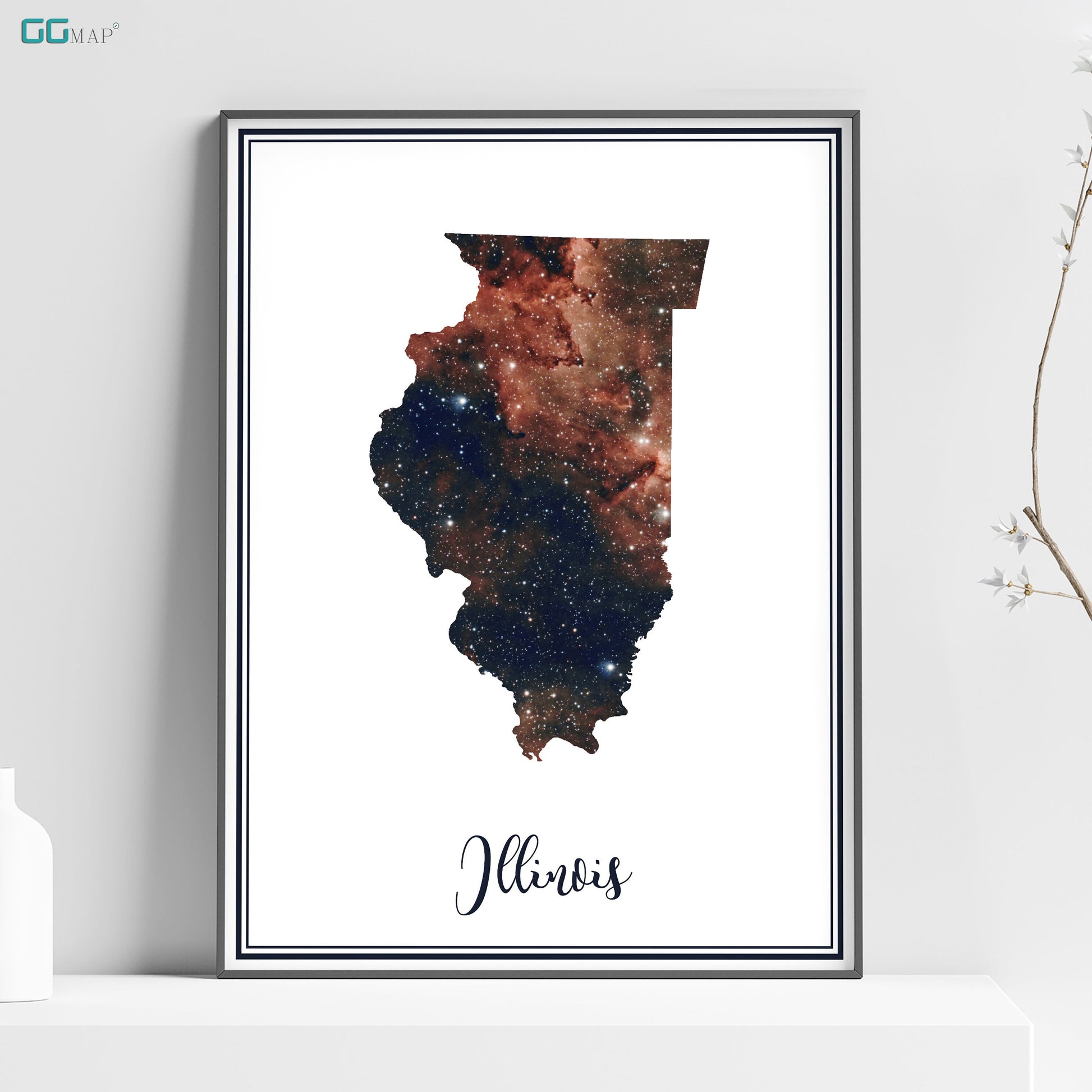 a framed picture of a map of the state of illinois