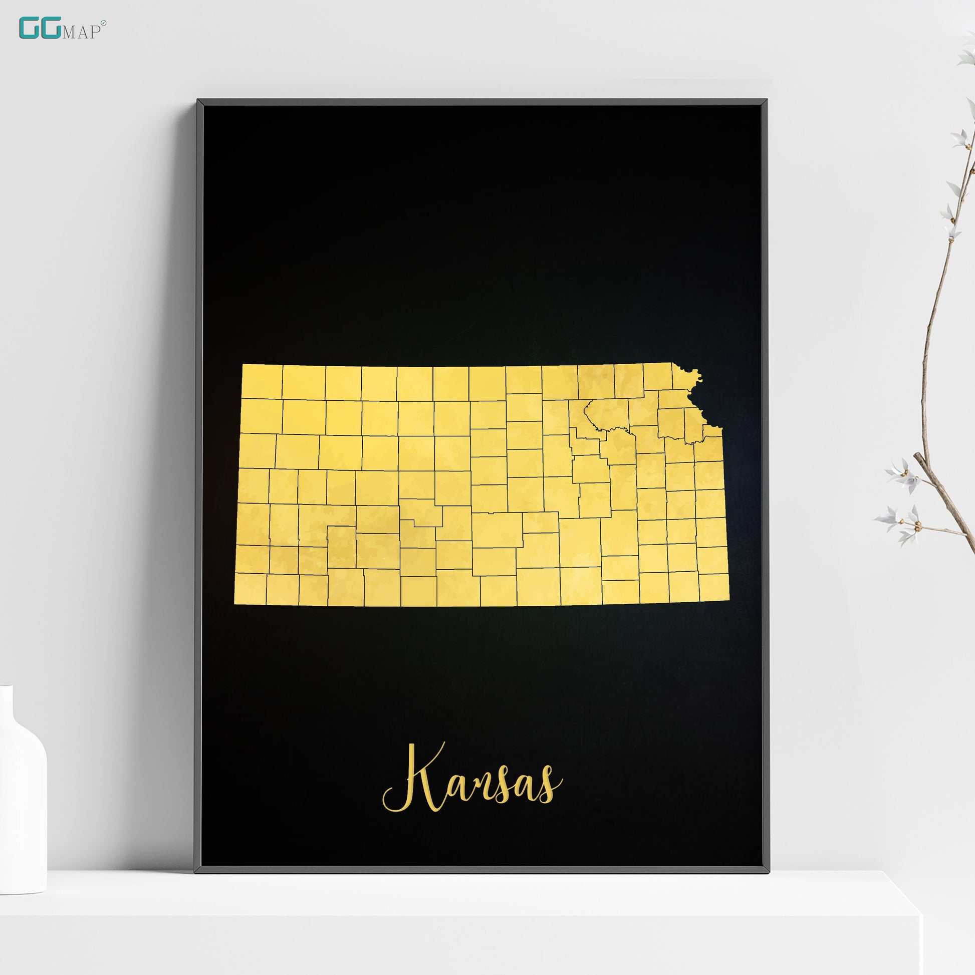 a black and yellow poster with the state of kansas on it