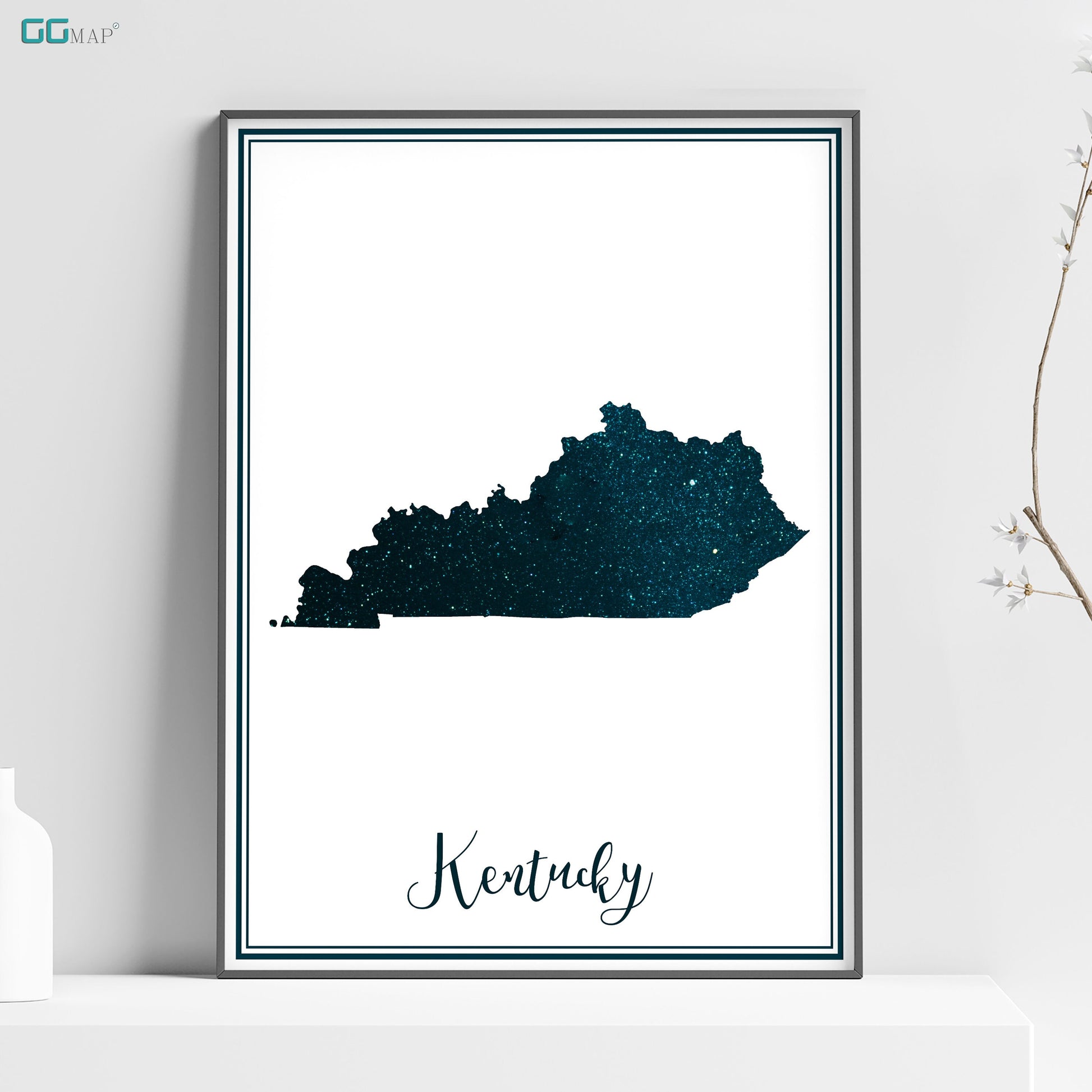 a poster of kentucky on a shelf next to a vase