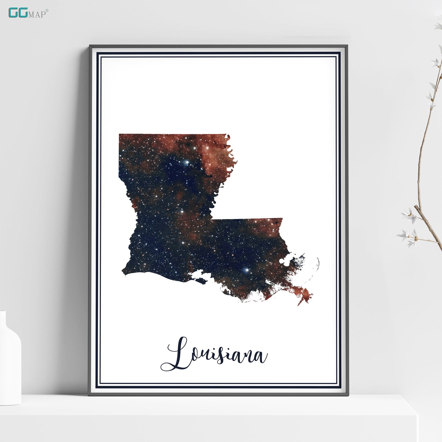 a framed poster of the state of louisiana