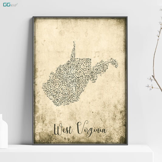WEST VIRGINIA map - West Virginia Music map - Travel poster - Wall decor - Office map - West Virginia gift - GGmap - West Virginia poster