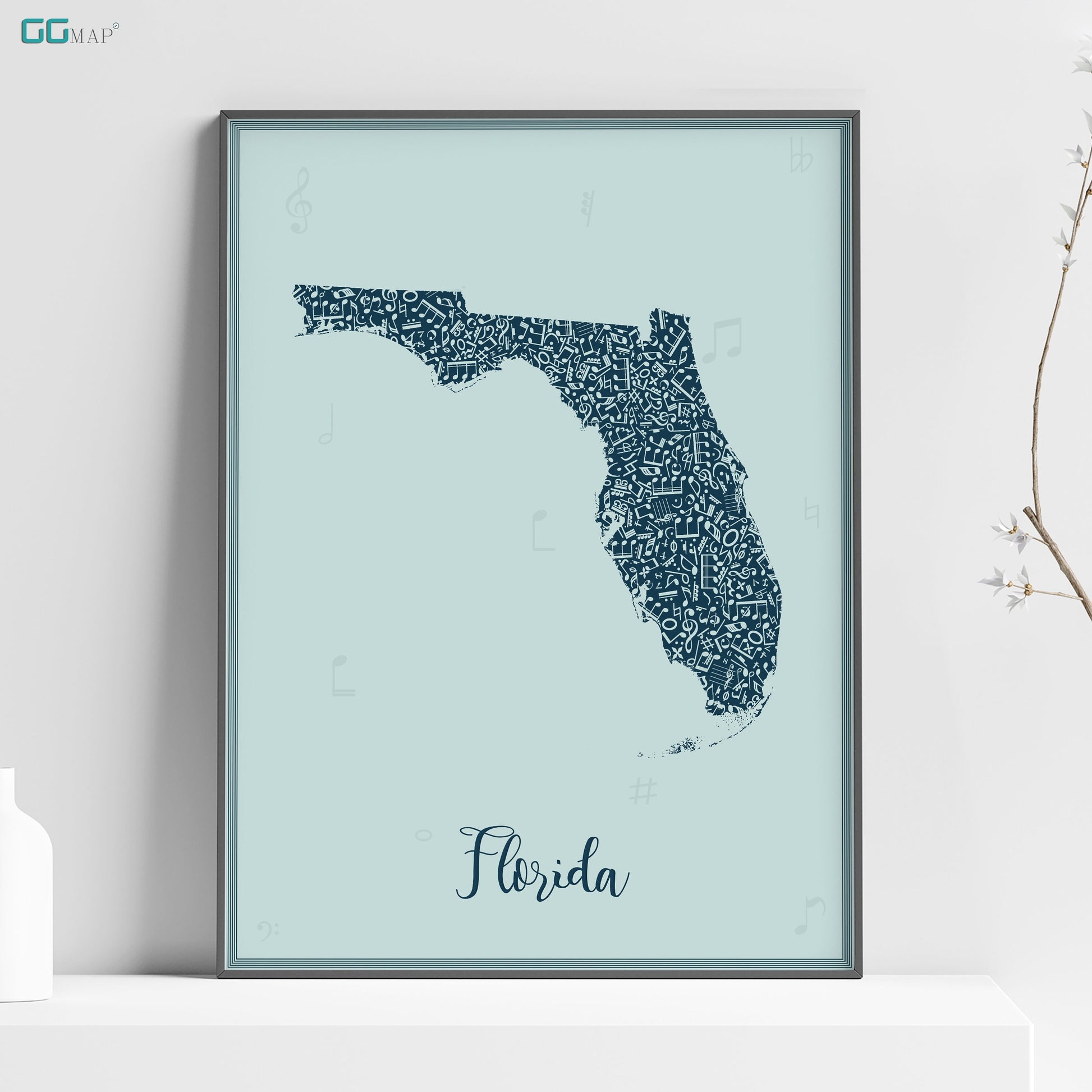 a framed map of florida with the names of the cities