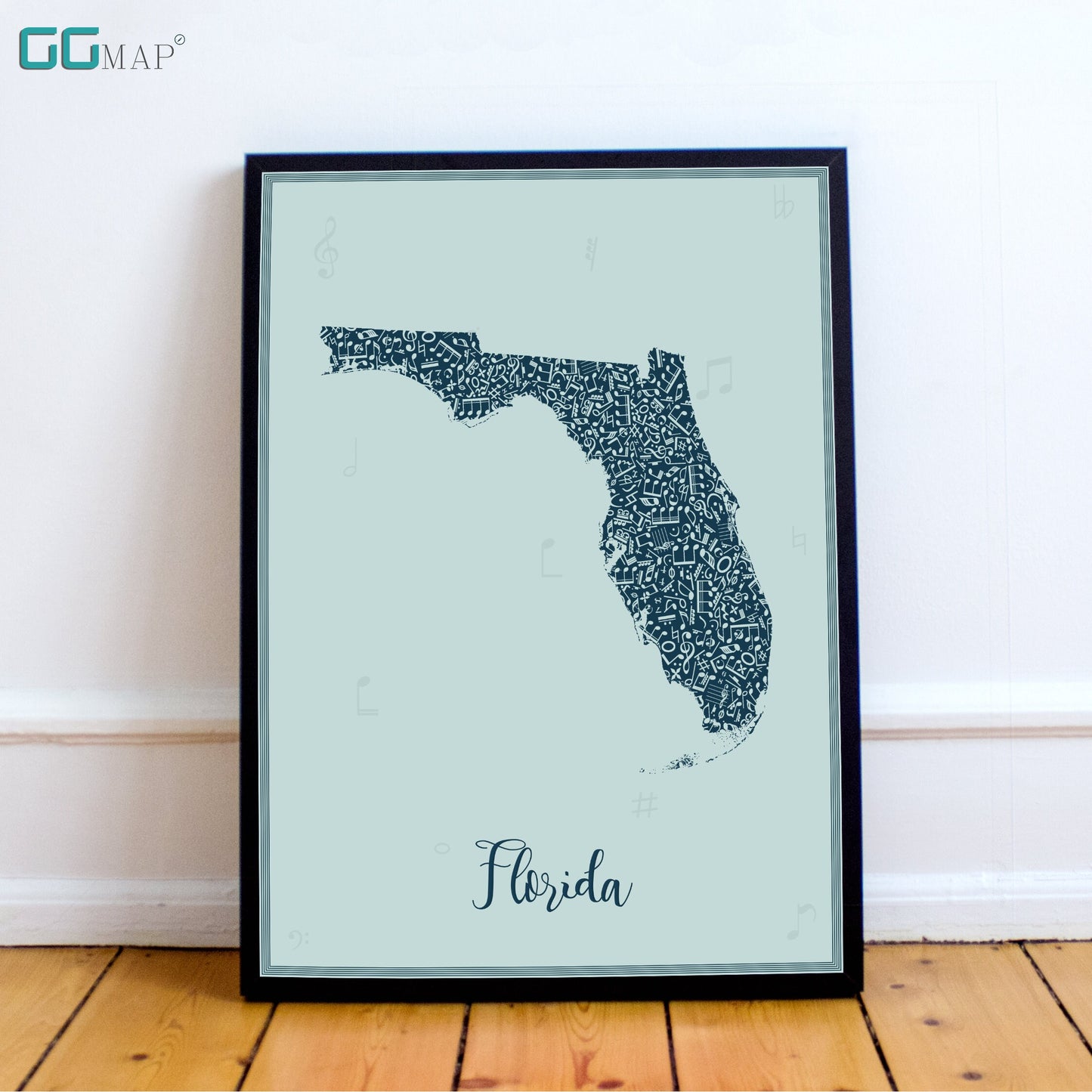 FLORIDA map - FloridaMusic Blue map - Travel poster - Home Decor - Wall decor - Office map - Florida gift - GGmap - Florida poster