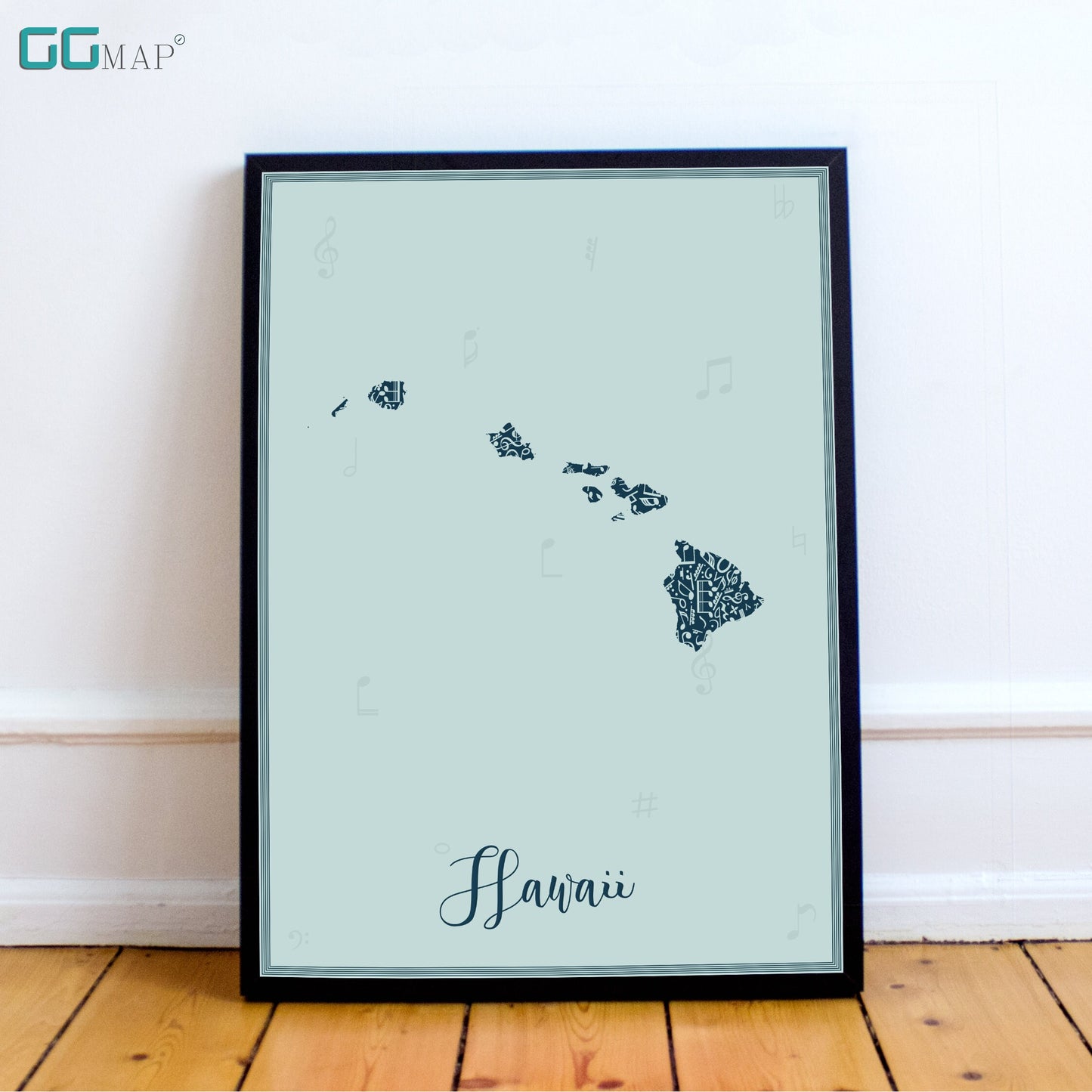 HAWAII map - Hawaii Music Blue map - Travel poster - Home Decor - Wall decor - Office map - Hawaii gift - GGmap - Hawaii poster