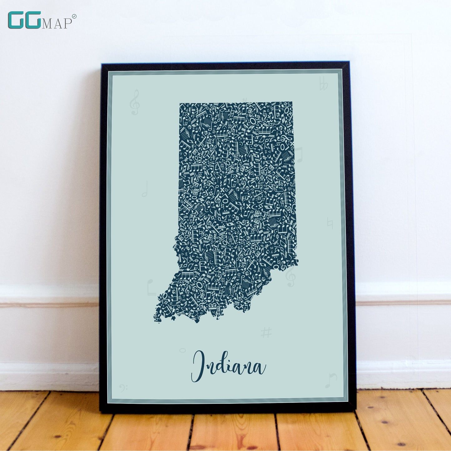 INDIANA map - IndianaMusic Blue map - Travel poster - Home Decor - Wall decor - Office map - Indiana gift - GGmap - Indiana poster