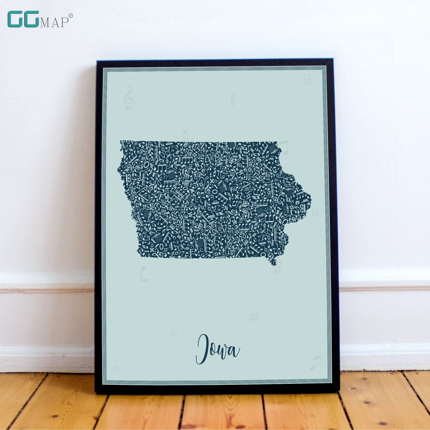 IOWA map - Iowa Music Blue map - Travel poster - Home Decor - Wall decor - Office map - Iowa gift - GGmap - Iowa poster