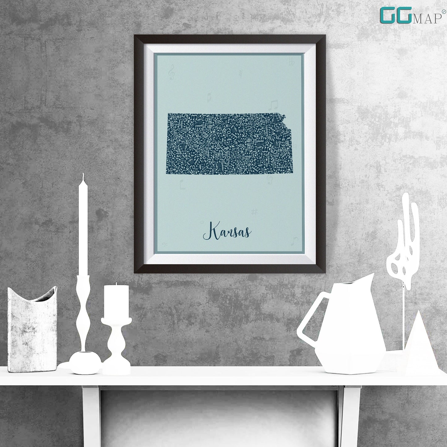 KANSAS map - Kansas Music Blue map - Travel poster - Home Decor - Wall decor - Office map - Kansas gift - GGmap - Kansas poster