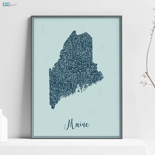 a blue framed map of maine with the names of the towns