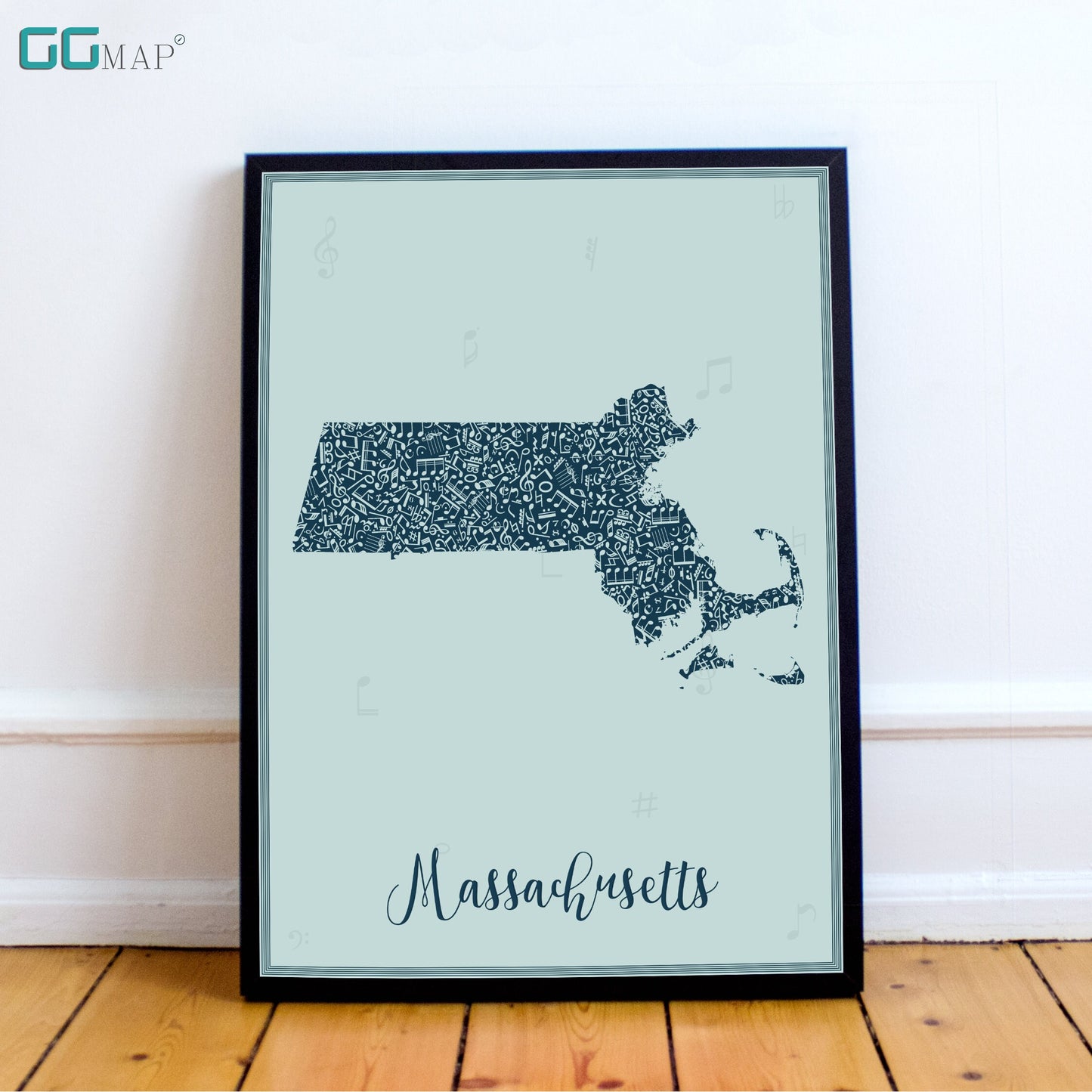 MASSACHUSETT map - Massachusetts Music Blue map - Travel poster - Home Decor - Wall decor - Office map - Massachusetts gift - GGmap