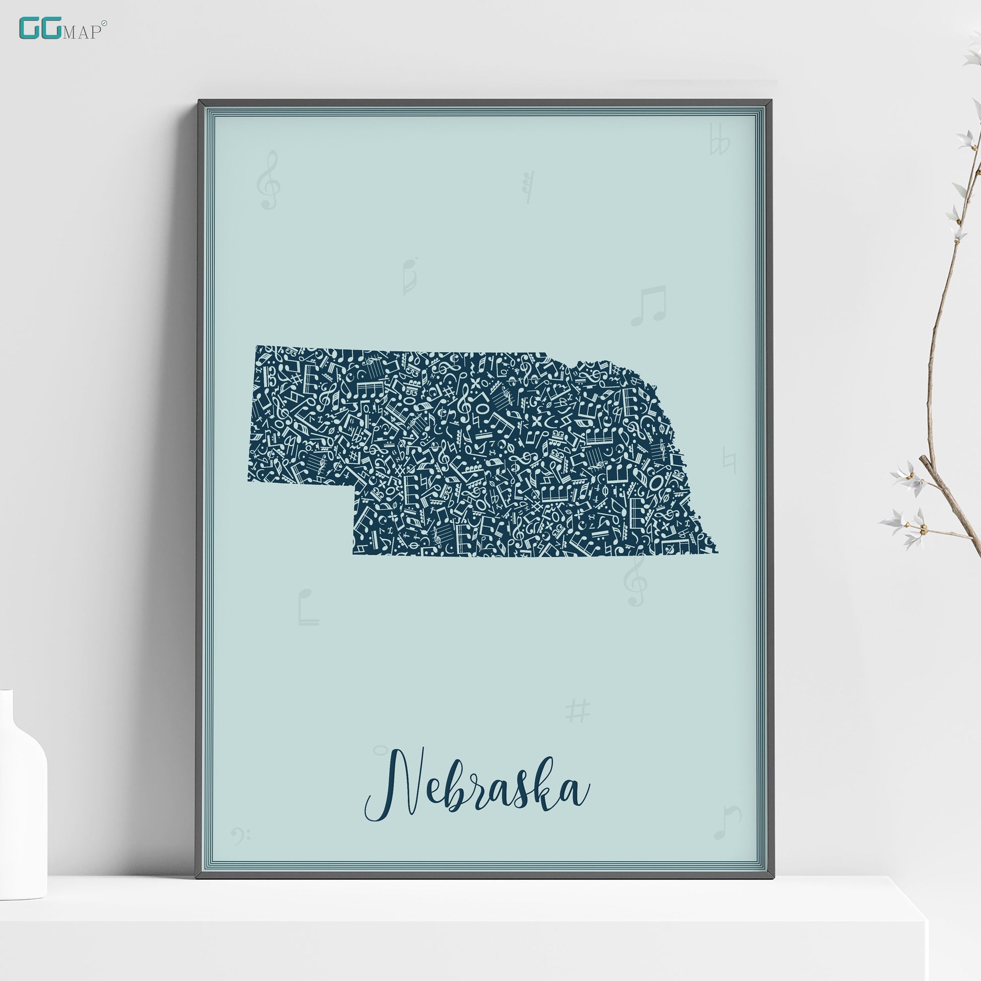 a blue poster with the name and map of the state of nebraska