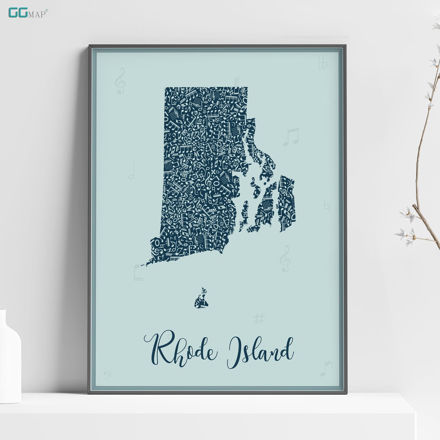 a blue poster of rhode island on a shelf