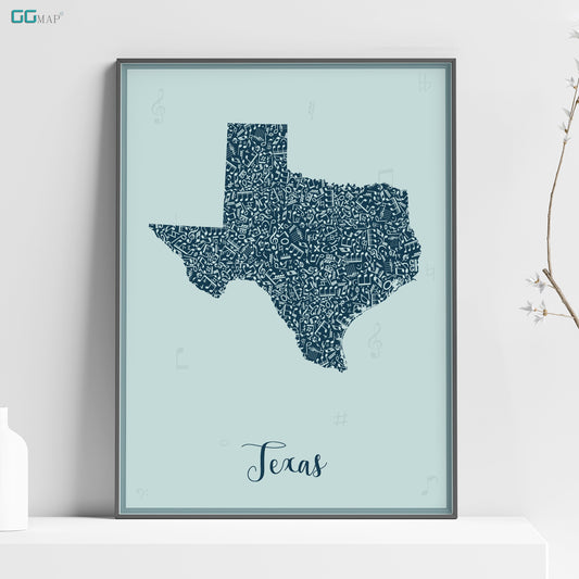 a framed texas map with the word texas written across it