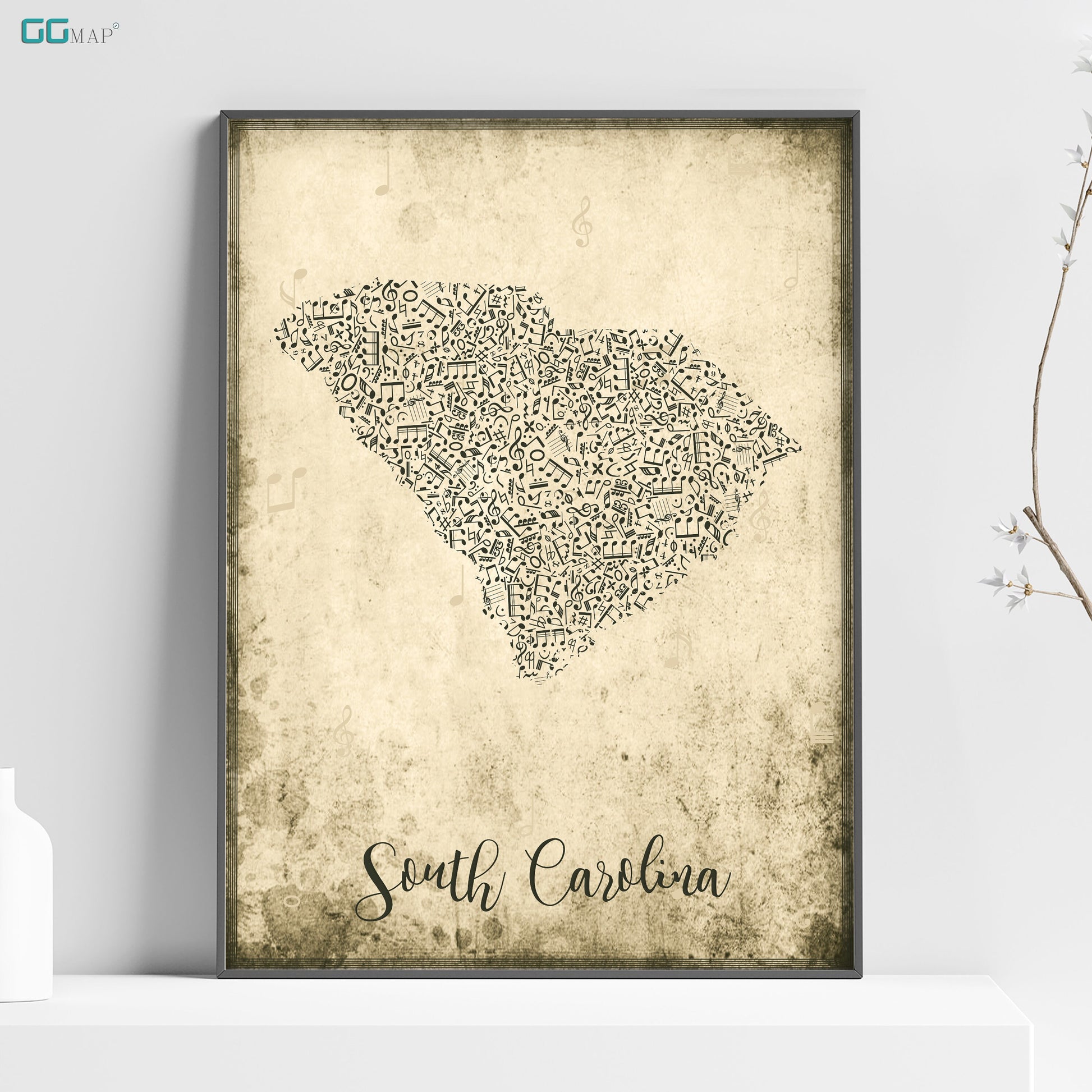 a framed picture of a map of south carolina