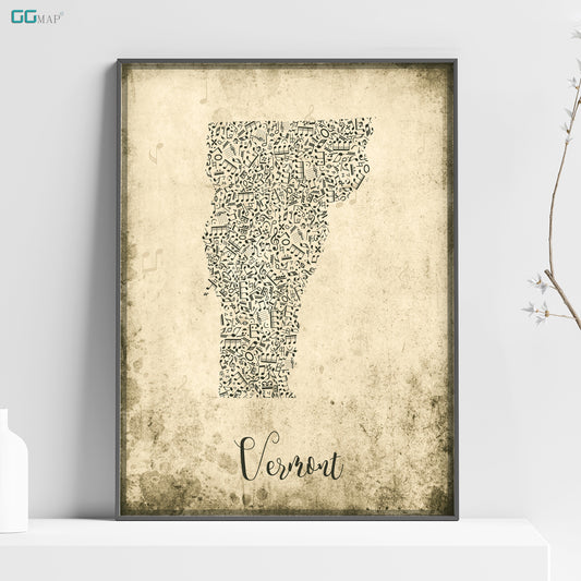 VERMONT  map - Vermont Music map - Travel poster - Wall decor - Office map - Vermont gift - GGmap - Vermont poster