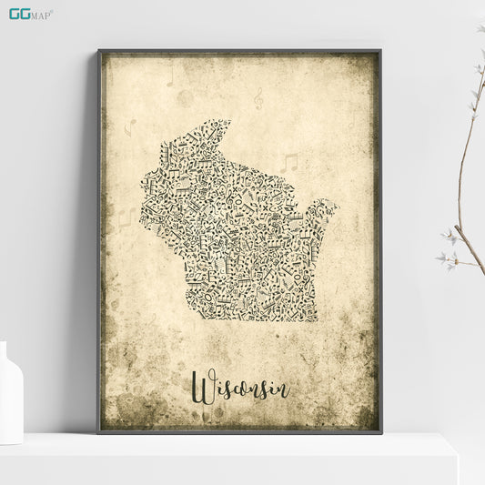 WISCONSIN map - Wisconsin Music map - Travel poster - Wall decor - Office map - Wisconsin gift - GGmap - Wisconsin poster