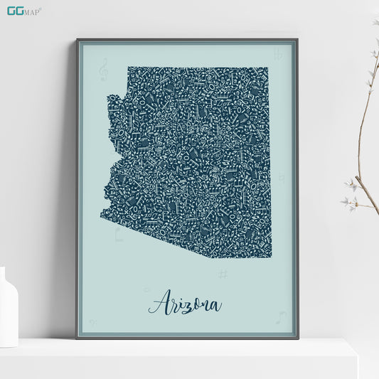 ARIZONA map - Arizona Music Blue map - Travel poster - Home Decor - Wall decor - Office map - Arizona gift - GGmap - Arizona poster