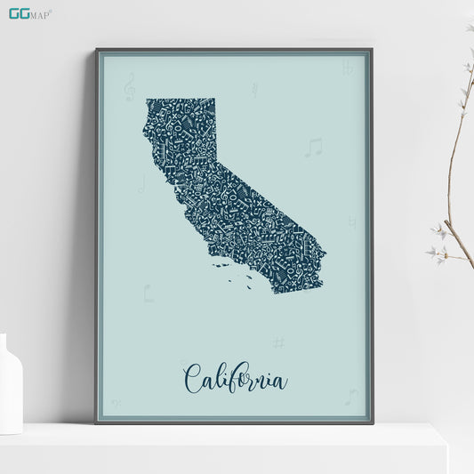 CALIFORNIA map - California Music Blue map - Travel poster - Home Decor - Wall decor - Office map - California gift - GGmap - California