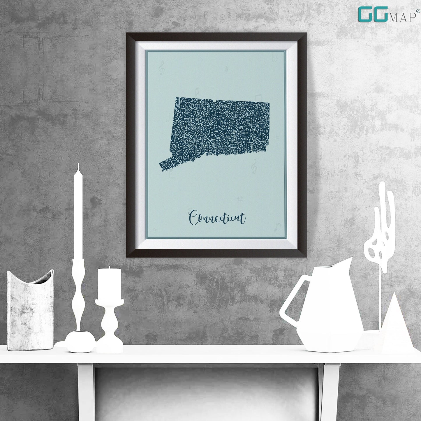 CONNECTICUT map - Connecticut Music Blue map - Travel poster - Home Decor - Wall decor - Office map - Connecticut gift - GGmap - Connecticut