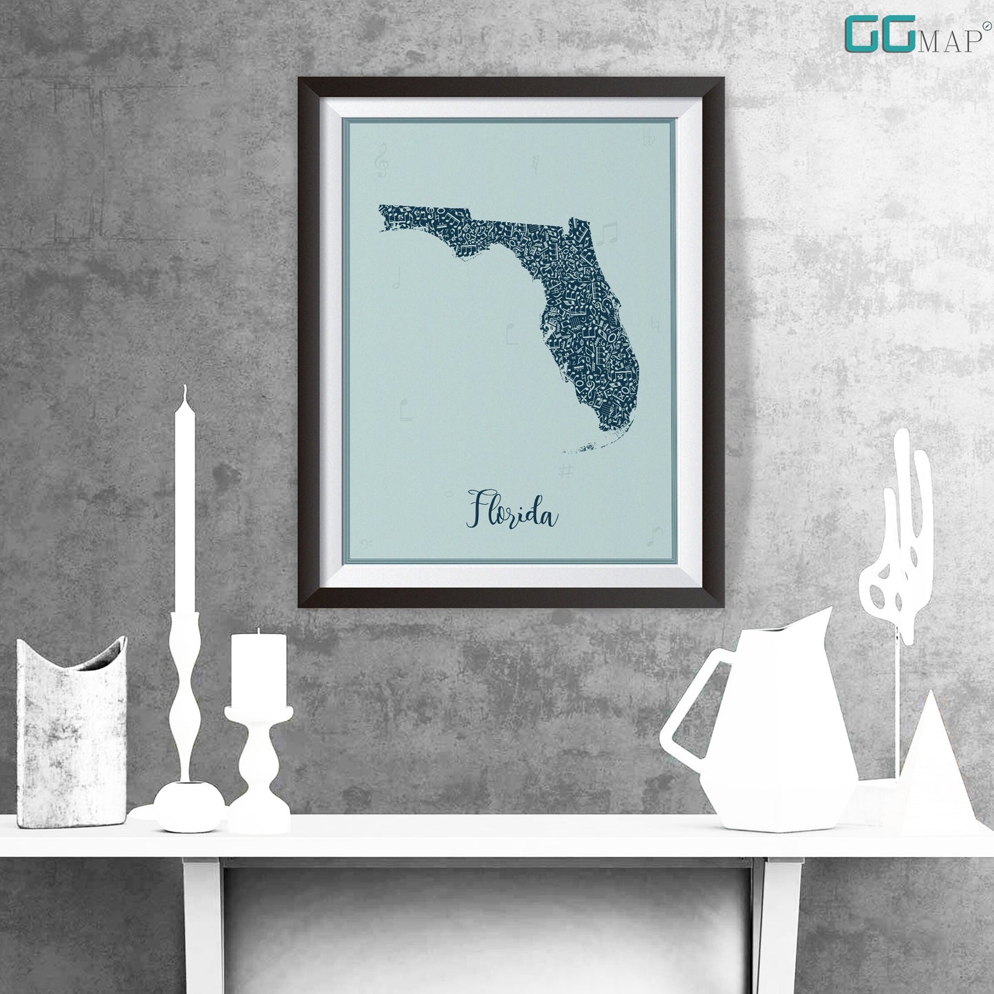 FLORIDA map - FloridaMusic Blue map - Travel poster - Home Decor - Wall decor - Office map - Florida gift - GGmap - Florida poster